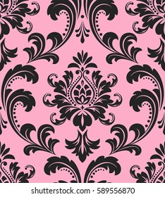 Floral pattern. Wallpaper baroque, damask. Seamless vector background. Pink and black ornament
