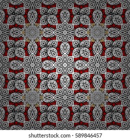 Floral pattern. Wallpaper baroque, damask. Seamless vector background. Golden elements on red background. Stylish graphic pattern.