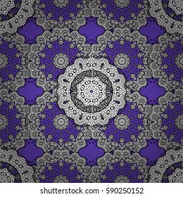 Floral pattern. Wallpaper baroque, damask. Seamless vector background. Golden elements on violet background. Stylish graphic pattern.