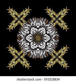 Floral pattern. Wallpaper baroque, damask. Vector background. Golden elements on black background. Stylish graphic pattern.