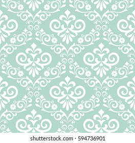 Floral pattern. Wallpaper baroque, damask. Seamless vector background. Green and white ornament.