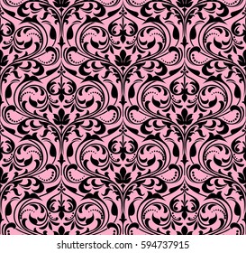 Patrón floral. Fondo de pantalla barroco, damasco. Fondo de Vector sin fisuras. Ornamento rosa y negro.