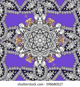 Floral pattern. Wallpaper baroque, damask. Stylish graphic pattern. Seamless vector background. Golden elements on violet background.