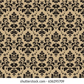 Floral pattern. Wallpaper baroque, damask. Seamless vector background. Beige and black ornament. Graphic modern pattern.