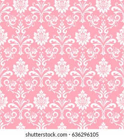 Floral pattern. Wallpaper baroque, damask. Seamless vector background. Pink and white ornament