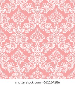 Floral pattern. Wallpaper baroque, damask. Seamless vector background. Pink and white ornament..