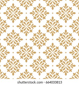 Floral pattern. Wallpaper baroque, damask. Seamless vector background. White and gold ornament.