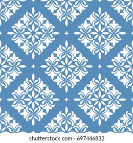 Floral pattern. Wallpaper baroque, damask. Seamless vector background. Blue and white ornament.