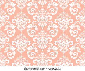 Floral pattern. Wallpaper baroque, damask. Seamless vector background. White and pink ornament.