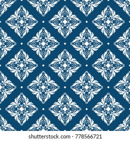 Floral pattern. Wallpaper baroque, damask. Seamless vector background. Blue and white ornament.