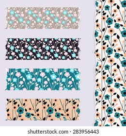 Floral pattern Washi tape scrap booking set, vector design elements with flowers