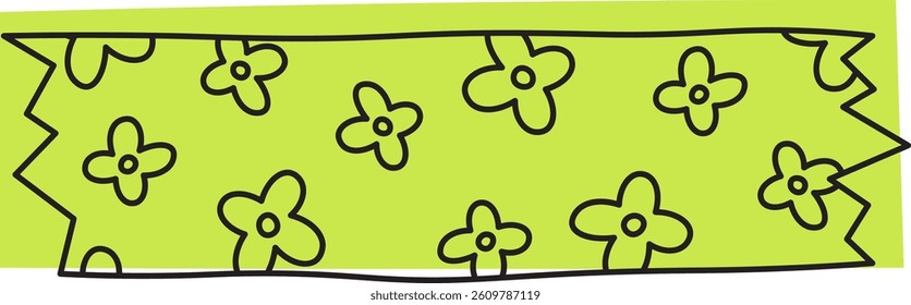 Floral pattern washi tape with simple doodle flowers and jagged edges. Decorative tape design featuring hand-drawn blooms in a playful style. Cartoon vector illustration.
