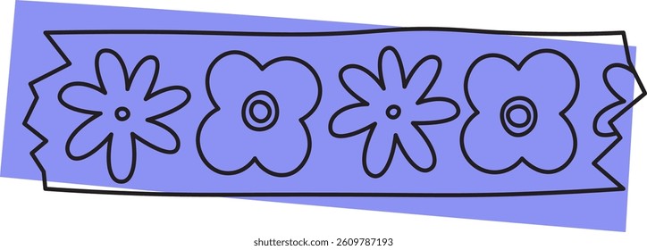 Floral pattern washi tape with simple doodle flowers and jagged edges. Decorative tape design featuring hand-drawn blooms in a playful style. Cartoon vector illustration.