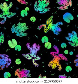 floral pattern of water lily leaves and frogs