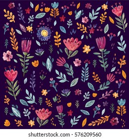 Floral Pattern With Watercolor Flowers And Leaves On Dark Background