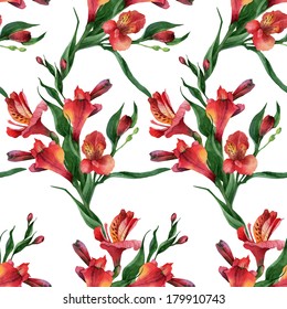 Floral pattern. Watercolor seamless background. Red alstroemeria