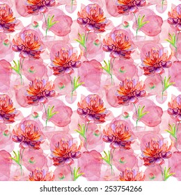 Floral pattern. Watercolor seamless background. Pink peonies. Vector.