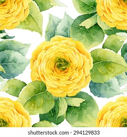 Floral pattern. Watercolor seamless background. Yellow ranunculus. Vector illustration