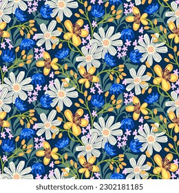 Floral pattern with white and blue flowers and leaves on dark background. Seamless vector