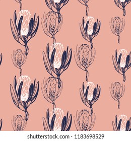 Floral pattern with white blue protea flowers: filled and outline. Seamless background for fabric design. Cute and beautiful vector illustration on pink backdrop.