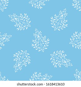 Floral pattern of white branches and leaves on blue background. Vector repeating botanical background for cover, backdrop, wrapping paper, scrapbooking, textile, wallpaper, template, card design