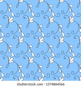  floral pattern, white contour flowers on blue background. Ornament with leaves and whorls. Design for web page, textures, card, poster, fabric, textile.