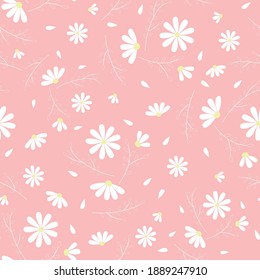 Floral pattern. White daisies or chamomile on a pink background. Seamless pattern for printing, textile and fabric, wrapping paper, packaging. Vector image. Flat style.

