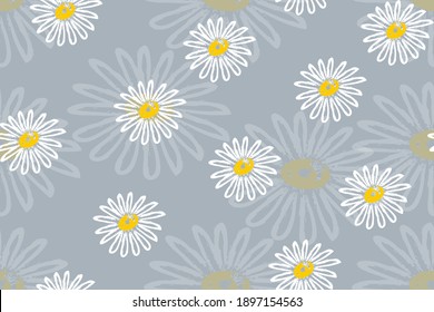 Floral pattern, white daisies on a blue background. Vector. Watercolor. Fashionable design for textiles, fabric, wallpaper, paper.