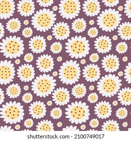Floral pattern with white daisy flowers on dark purple background. Seamless Ditsy print. For textile, print, covers, wrap, scrapbooking.