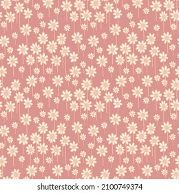Floral pattern with white daisy flowers on pale red background. Seamless Ditsy print. For textile, print, covers, wrap, scrapbooking.