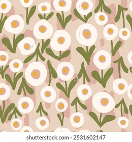 Floral pattern with white flowers and green leaves, daisy flower seamless pattern. Vector illustration.