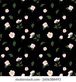 Floral pattern with white flowers and green leaves on a black background showcasing elegance
