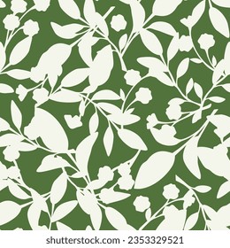 Floral pattern with white flowers and leaves silhouettes on a green background. Vector seamless floral print