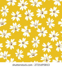Padrão floral. Flores brancas em fundo amarelo. padrão floral sem costura. Uma bela impressão de flores. Flor Daisy, design de superfície botânica para a moda, papel de parede, têxtil, impressão, papel