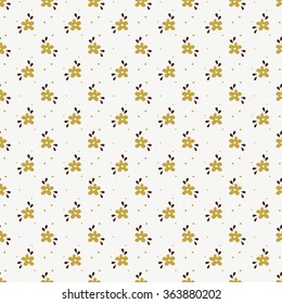 Floral pattern in white, gold and brown colors. Seamless background with small hand drawn flowers. Vector illustration.