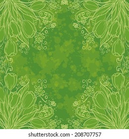 Floral pattern, white outline tulips flowers on abstract green and yellow background. Eps10, contains transparencies. Vector