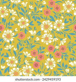 Floral pattern of white and pink flowers with green leaves on a yellow background.