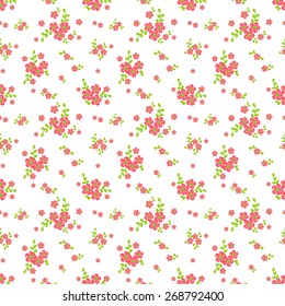 Floral pattern in white, pink and green colors. Seamless background with cute small flowers. Vector illustration.