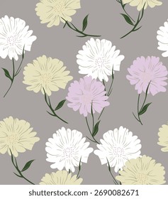 florales Muster weiß gelb violett Blumen grauer Hintergrund