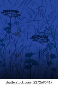 Patrón floral de hierbas y flores silvestres, patrón sobre fondo azul, para tela, moda, papel de pared, papel de envoltura, diseño