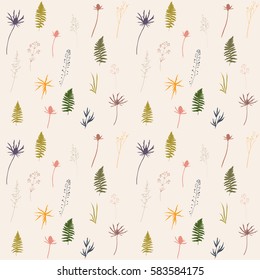 Floral pattern with wild meadow flowers and grasses.Thin delicate line silhouettes of different plants - johnson's grass, shepherd's purse, thistles,fern leaves. Pastel colors on beige background

