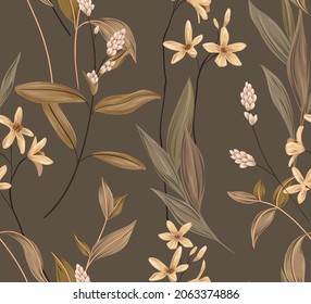 Floral pattern with wildflowers and herbs. Seamless pattern with various plants, small flowers, various foliage. Delicate autumn print in dark pastel colors, natural design. Vector.