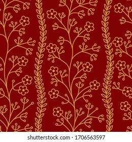 Blumenmuster.Wildblumen. Nahtloses Muster, goldene Umrisse auf rotem Hintergrund.