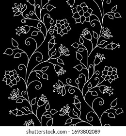 Floral pattern. Wildflowers. Seamless pattern white outline on a black background