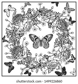 Floral pattern. Wreath of luxurious flowers peonies, baroque style ornament details and butterflies. Black and white graphics. Template for design scarf or pillow. Vector. Vintage art