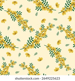 Floral pattern with yellow blooms on beige background