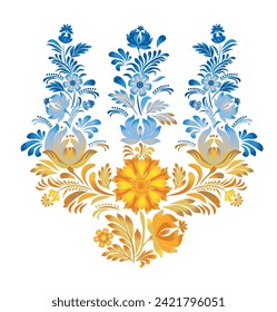 Floral pattern of yellow blue flowers in the form of  coat of arms of Ukraine in the style of painting Petrykivka. Vector illustration of the historic artistic traditions in the national style.