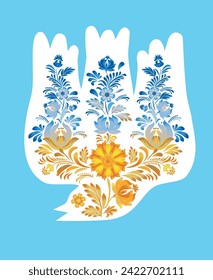 Floral pattern of yellow blue flowersin the form of dove and trident - small coat of arms of Ukrain in the style of painting Petrykivka. 