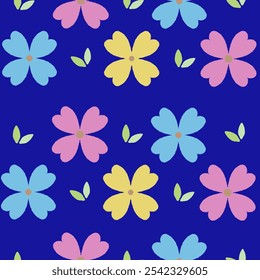 Blumenmuster, gelb, blau, rosa, blauer Hintergrund, einfach, nahtlos, handgezeichnete Vektor, Kunstwerk, abstrakte Blumen, Druckvorlage für Design, Stoff, Mode, Textil, Frühling und Sommer für Ihre des