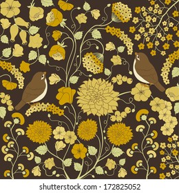 Floral pattern with yellow flowers and bird on brown background